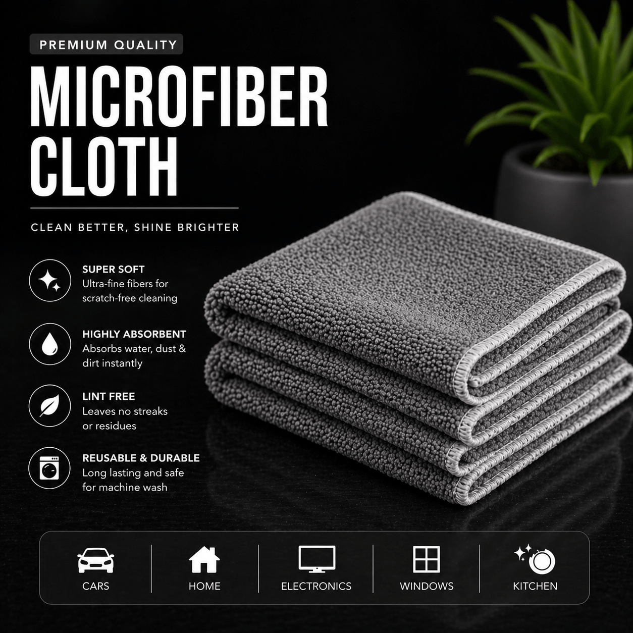 Stack of gray microfiber cloths with product features on a black background