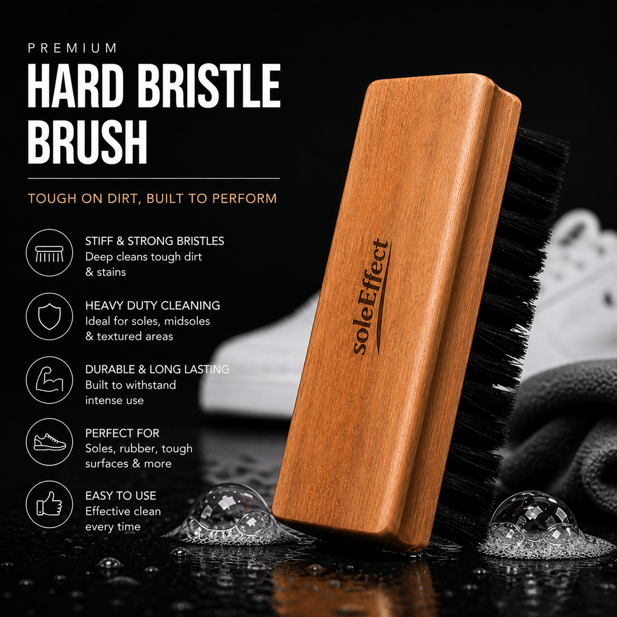 Wooden hard bristle brush with water droplets on a black background, featuring the 'soleEffect' brand.