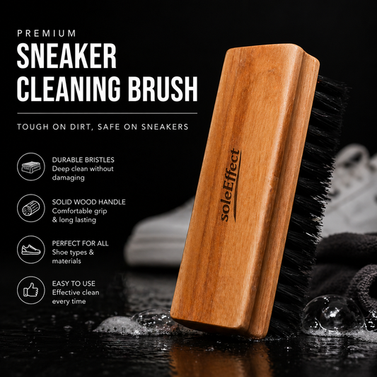 SoleEffect sneaker cleaning brush with features listed on a black background