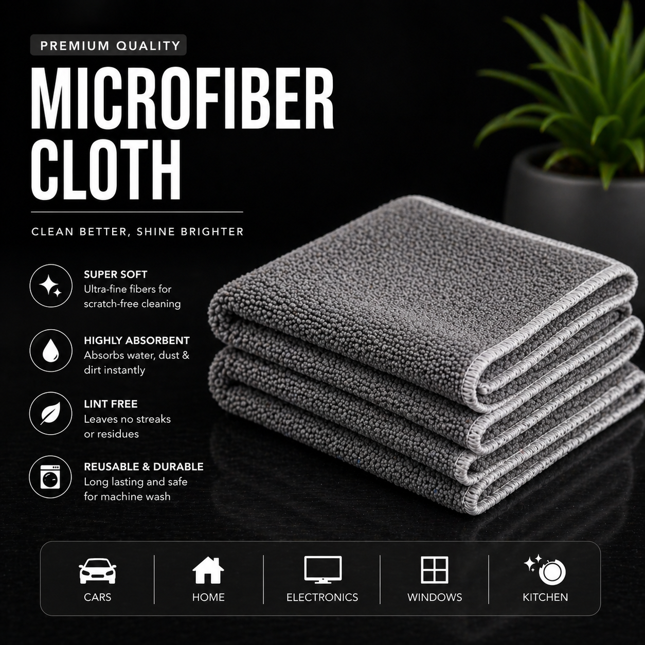 Stack of gray microfiber cloths with product features on a black background