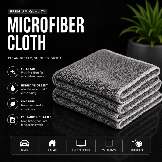 Stack of gray microfiber cloths with product features on a black background