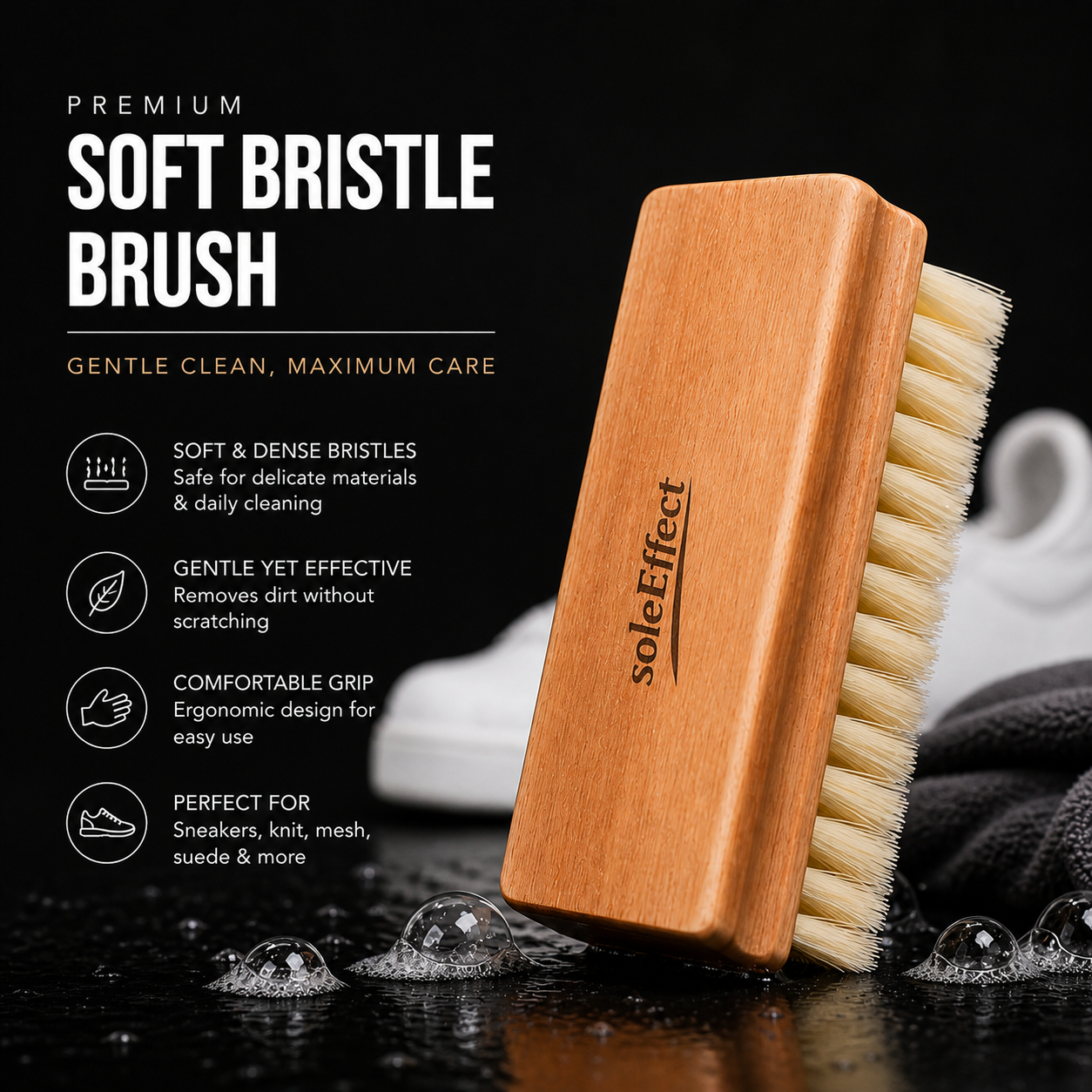 Wooden brush with soft bristles on a dark background, featuring the 'soleffect' brand.