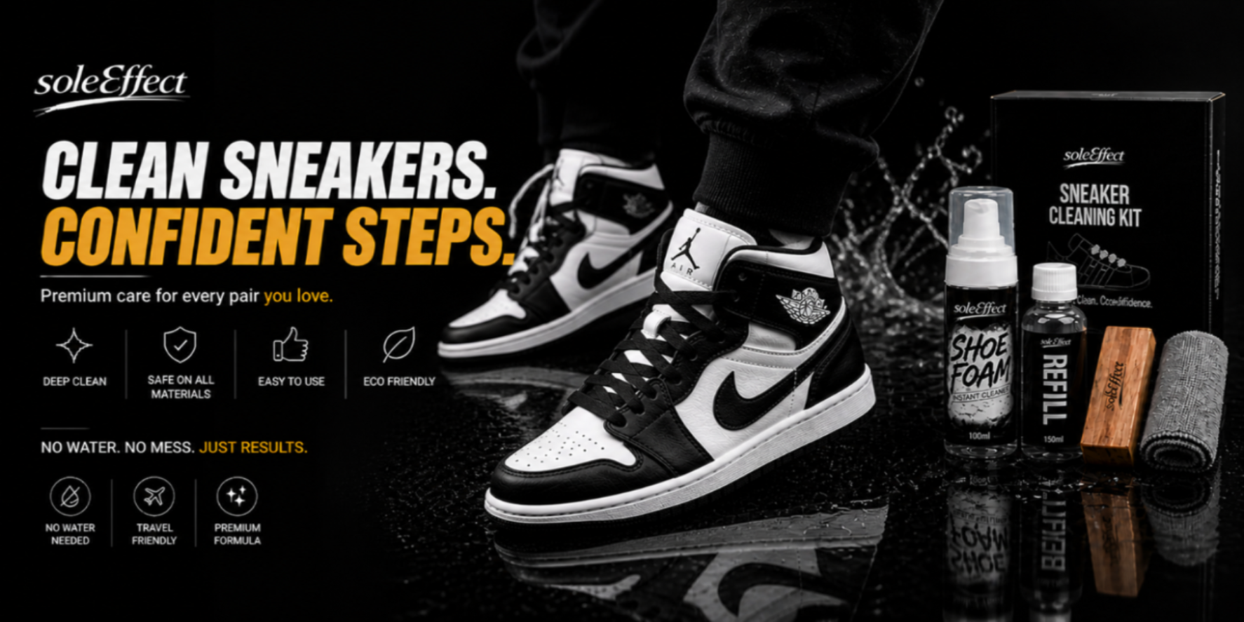SoleEffect sneaker cleaning kit with black and white sneakers on a reflective surface.
