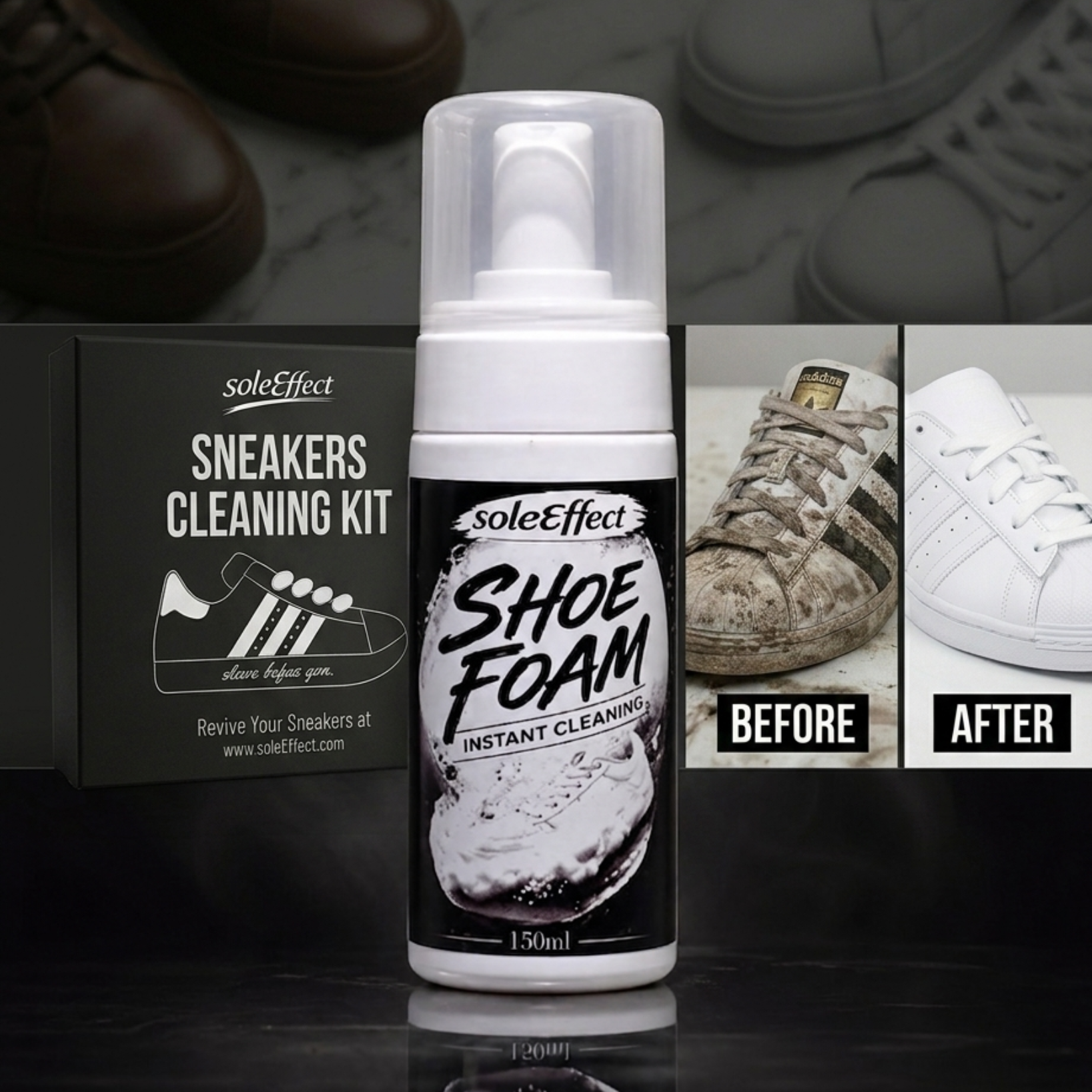 Shoe foam instant cleaning product with 'soleEffect' branding, before and after cleaning images of different sneakers, and packaging.
