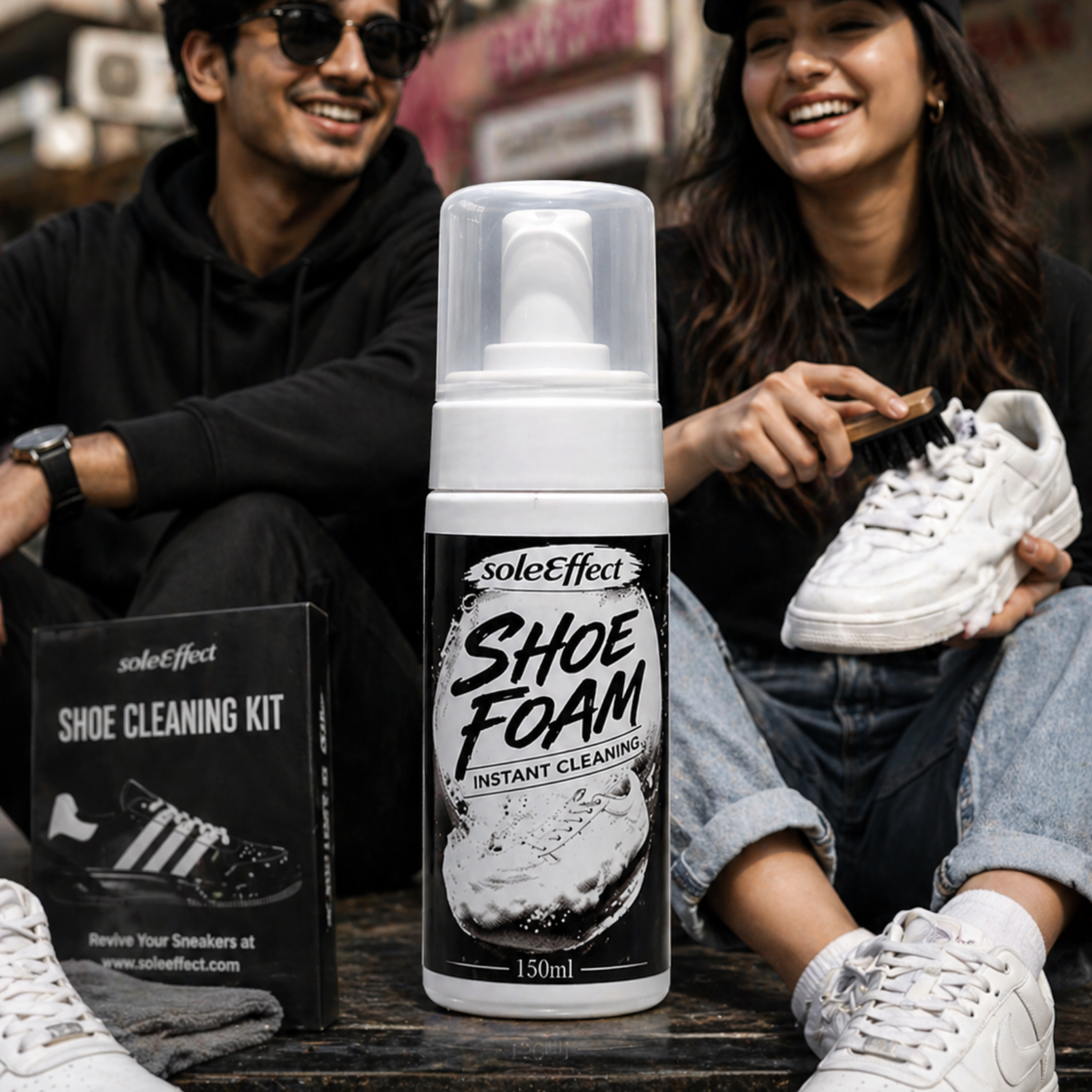 SoleEffect shoe cleaning foam bottle with people using it in an urban setting