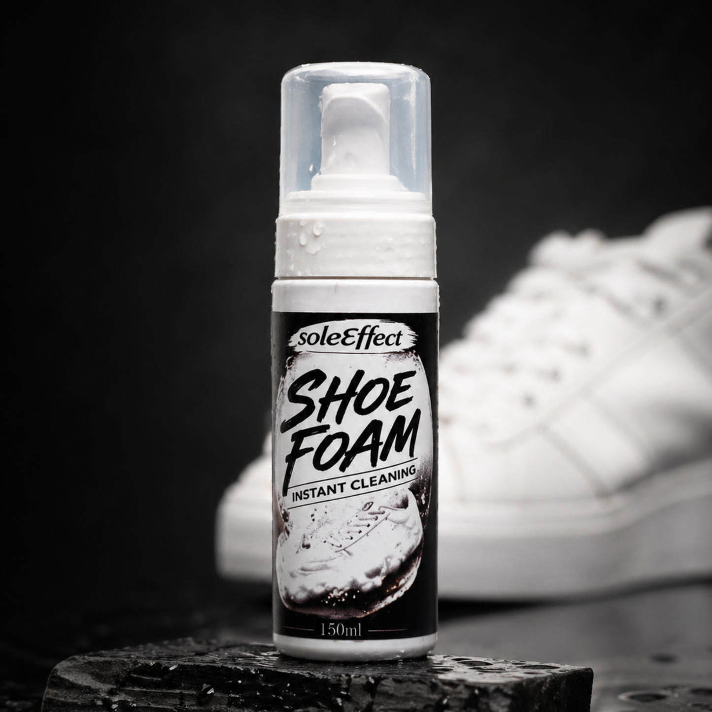 Bottle of soleEffect Shoe Foam with a white sneaker in the background
