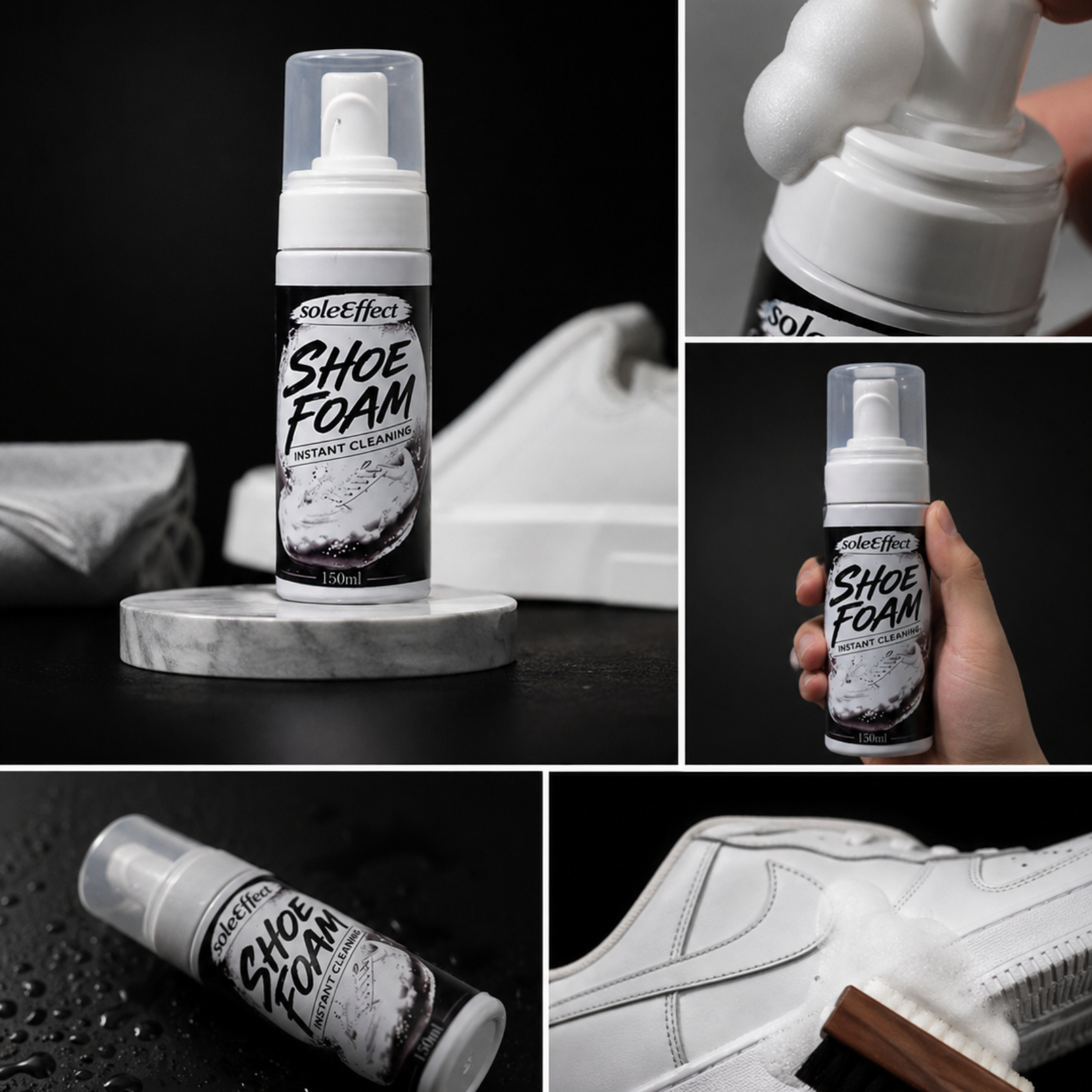 SoleEffect Shoe Foam foam bottle with shoe cleaning application on a dark background